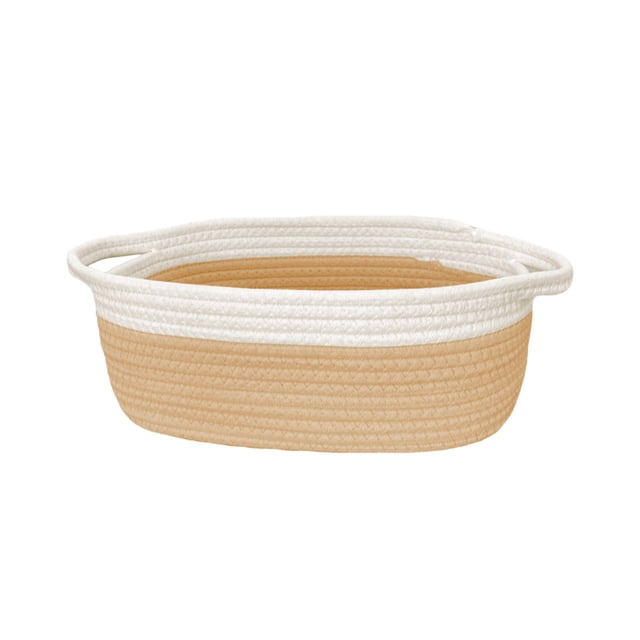 Woven Storage Basket For Shelves And Closets With Soft Handle And Ribbon Decor 11.8 in x 7.9 in x 4.7 in Fabric Rope Organizer