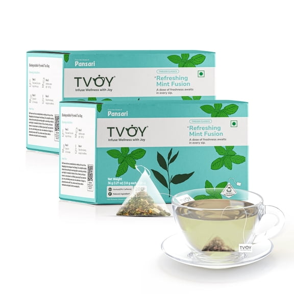 Tvoy Mint Green Tea Bags 20 Count Pack of 2 - Pyramid Tea Bags with Spearmint Peppermint - Natural Refreshing Flavor Loose Leaf Quality - India Green Tea for Hot or Iced, Low Caffeine Tea Bags