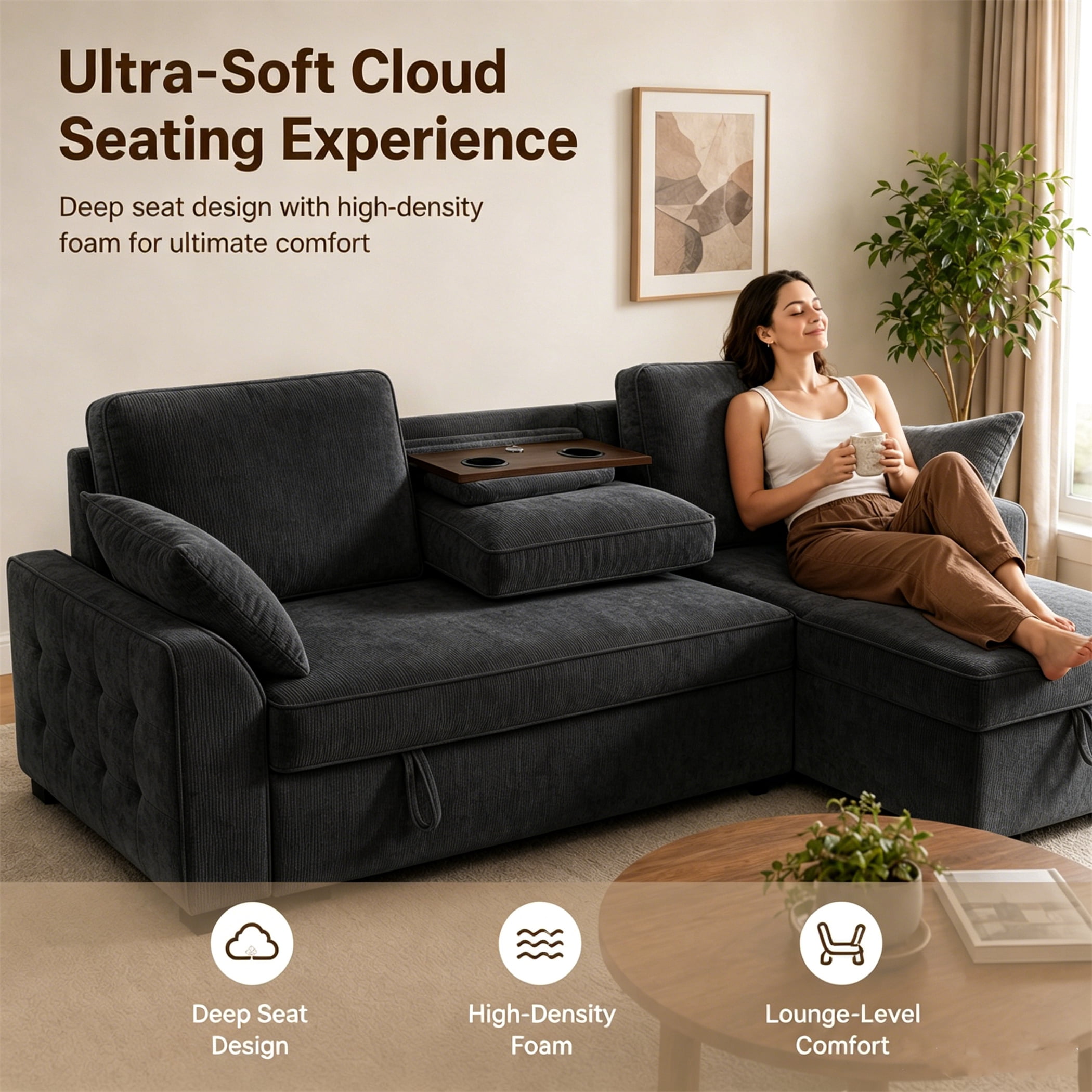 Aukfa 86" L-Shaped Convertible Sectional Sleeper Sofa Bed with USB & Cup Holders Console, Storage Chaise for Living Room, Chenille, Black Gray