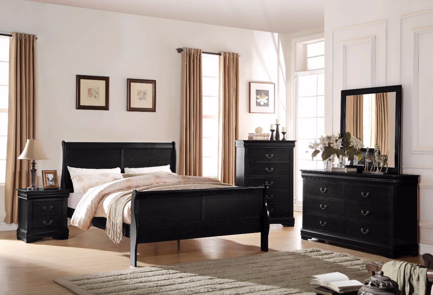 Elegant Modern Style Queen Size Sleigh Bed, Black