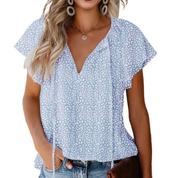 Camisas de verano de manga corta con volantes y cuello en V con estampado floral informal para mujer