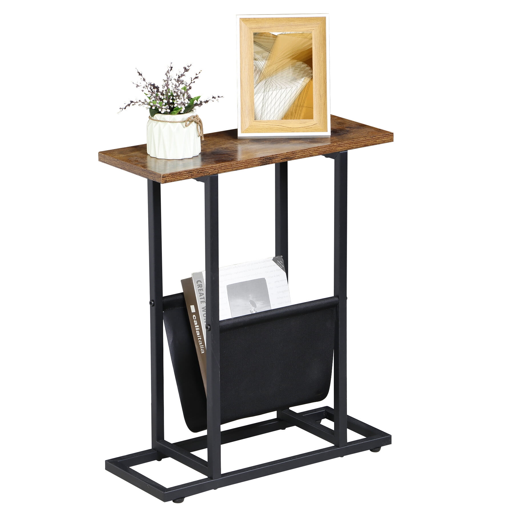HomGarden 17.7"L x 21.7"H Narrow Side Table Small Metal End Table W/Storage Holder for Sofa Couch Bed, Rustic Brown