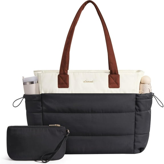 LOVEVOOK Tote Bag for Women with Giant Tumbler Holder Pocket, Puffer Work Travel Laptop Handbag with Zipper for Nurse Teacher