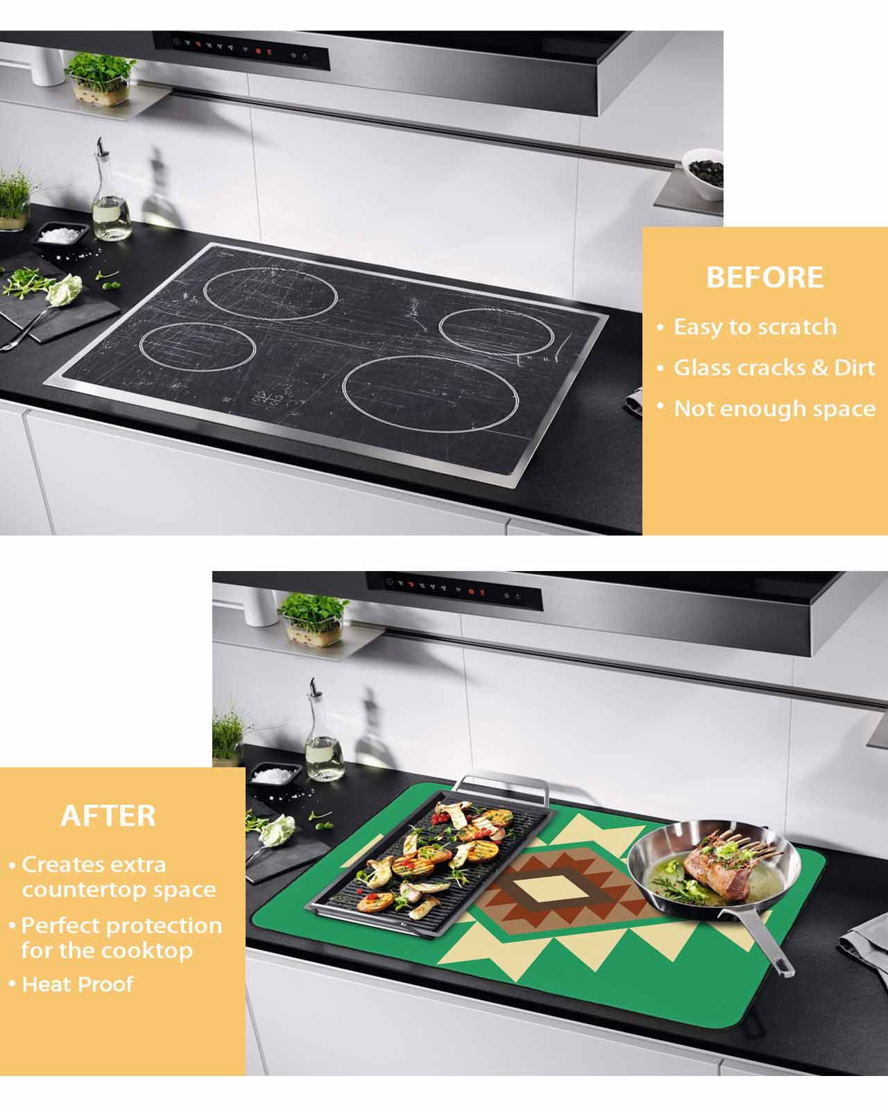 nqOlkjepod Large Induction Cooktop Protector Mat 24"x21", Green Brown Boho Stove Top Covers for Electric Stove, Country Simple Abstract Ethnic Geometric Stove Burner Cover Mats Stove Cover