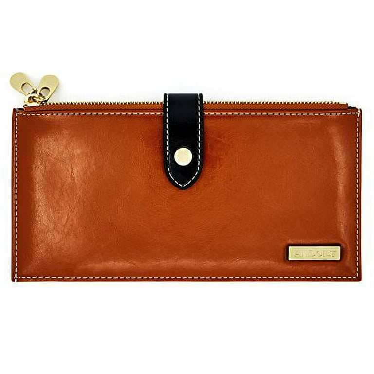 ANDOILT Womens Genuine Leather Wallet RFID Blocking Credit Card Holder Zipper Purse Cell Phone Handbag Brown