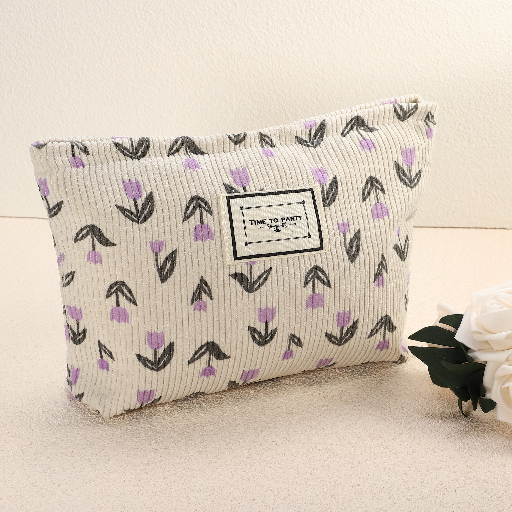 Unique Bargains Floral Makeup BagLarge Capacity Cosmetic Pouch Beige Purple