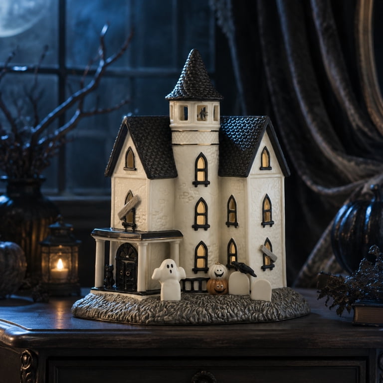 HWRETIE Lighted Halloween Manor House Figurine Porcelain Haunted