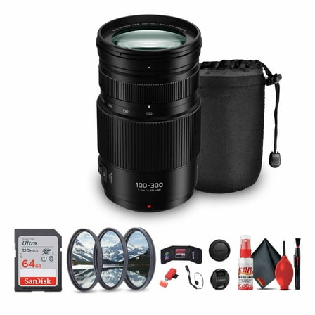 Panasonic Lumix G Vario 100-300mm f/4.5-5.6 Lens (H-FSA100300) Bundle Including: 64 GB Memory Card, 3-Piece Filter Kit, Lens Pouch, Lens Caps, Cleaning Kit, Lens Cap Keeper, Card Reader, Card Wallet