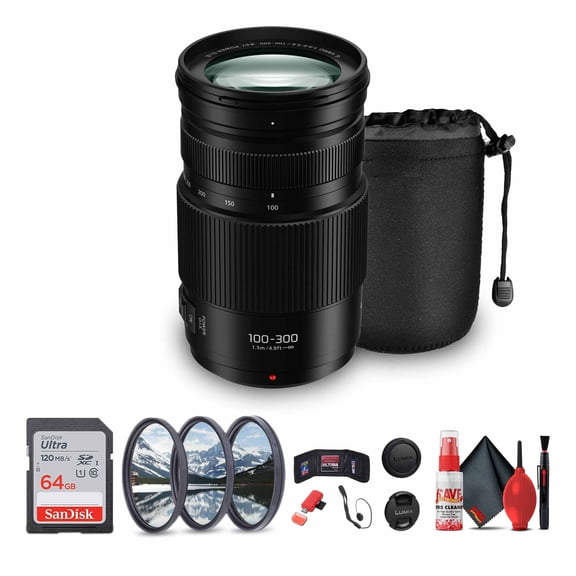 Panasonic Lumix G Vario 100-300mm f/4.5-5.6 Lens (H-FSA100300) Bundle Including: 64 GB Memory Card, 3-Piece Filter Kit, Lens Pouch, Lens Caps, Cleaning Kit, Lens Cap Keeper, Card Reader, Card Wallet