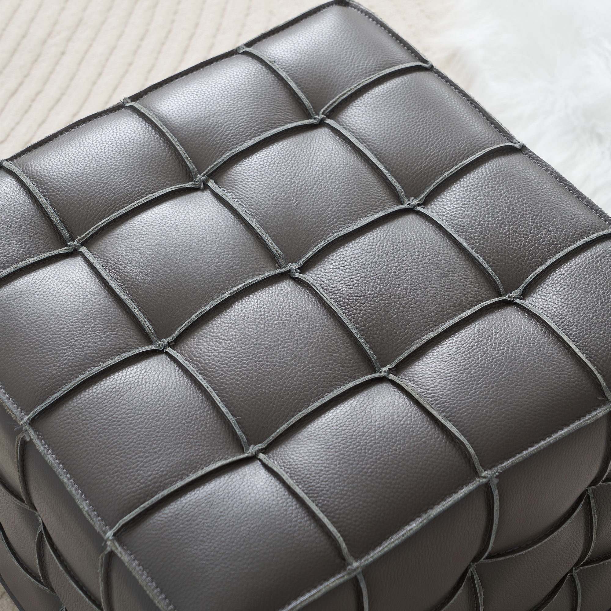 17.32''W Genuine Leather Tufted Ottoman,Footstool for Living Room & Bedroom,Grey Color