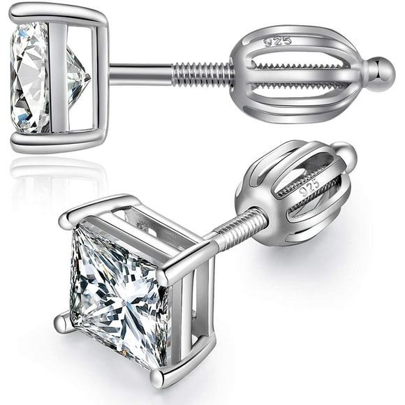 Spkling Diamond Stud Screw Back, 925 Sterling Cubic Zirconia Round PrincesSimple Cut Stud with Secure Screw Backs, HypoallSterling genic Long Thick Post