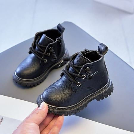 

QWZNDZGR Girls British Single Boots Boys Leather Short Boots 2022 New Children Tide Boots Kids School Shoes Warm Waterproof Fashion