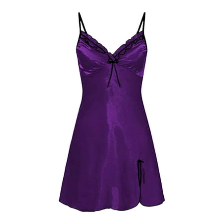 

Mytrendy Women Sexy Satin Silk Bowknot Side Slit Sleepwear Slip Lingerie Dress