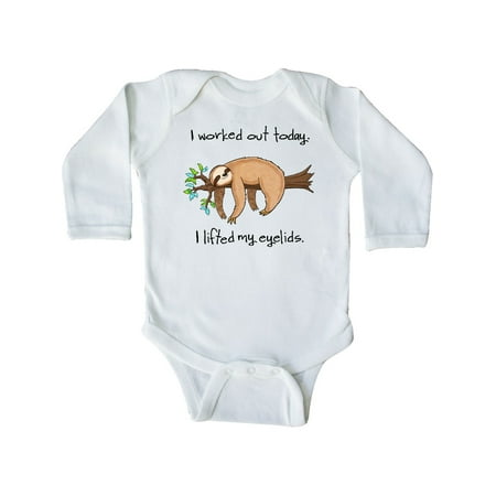 

Inktastic I Worked Out Today. I Lifted My Eyelids- cute sloth on a branch Gift Baby Boy or Baby Girl Long Sleeve Bodysuit