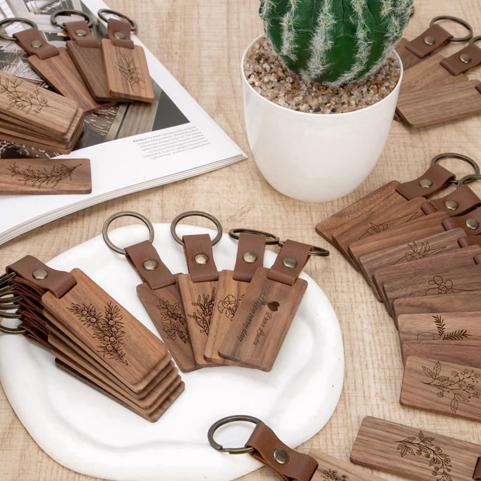 80 Pieces Wood Keychain Blanks with Leather Straps, Blank Leather Keychains for Engraving, for DIY Various Key Tags