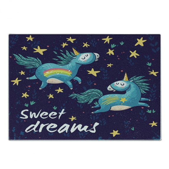 Saying Cutting Board, 2 Unicorns Flying in Night Sky Fantasy Themed Cartoon, Decorative Tempered Glass Cutting and Serving Board, Small Size, Multicolor, by Ambesonne
