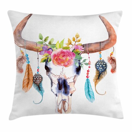 Native Americans Feathers - Feather Throw Pillow Cushion Cover, Native American Symbol in Watercolor Style Bull Skull with Ornaments Vibrant Image, Decorative Square Accent Pillow Case, 20 X 20 Inches, Multicolor, by Ambesonne