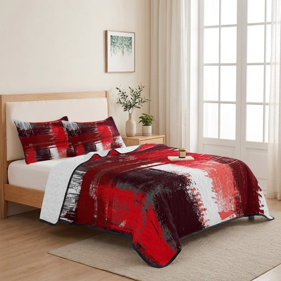 3 Piece Summer Bed Quilt Set Twin XL Size,Abstract Color Block Art Lightweight Bedspread Coverlet with 2 Pillowcases Red Geometric Seamless Soft Comforter Bedding Quilts for All Season