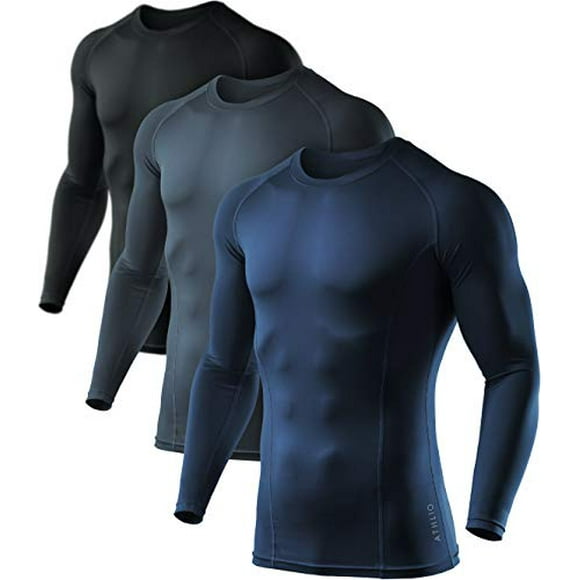 ATHLIO Men's UPF 50+ Long Sleeve Compression Shirts, Water Sports Rash Guard Base Layer, Athletic Workout Shirt, 3pack Black/Charcoal/Navy, XX-Large