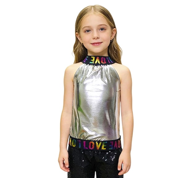 Girls Performance Top Long Sleeve Sequin Glitter Asymmetrical Off Shoulder Dance Shirt With Rhinestone Trim Clothes
