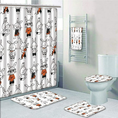 PRTAU Funny Cute Retro Bunny Rabbits with Costumes Jack Hare Funky Bunnies Carrot Sketch 5 Piece Bathroom Set Shower Curtain Bath Towel Bath Rug Contour Mat and Toilet Lid Cover