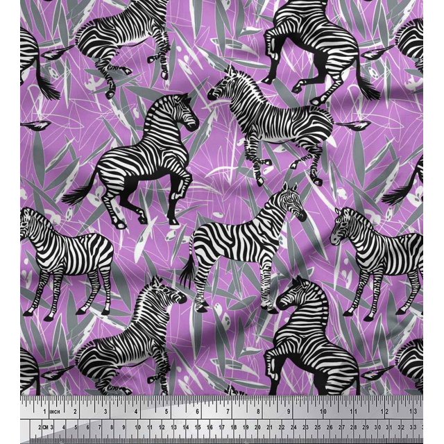 Soimoi Purple Poly Georgette Fabric Leaves & Wild Animal Print Fabric by The Yard 52 Inch Wide