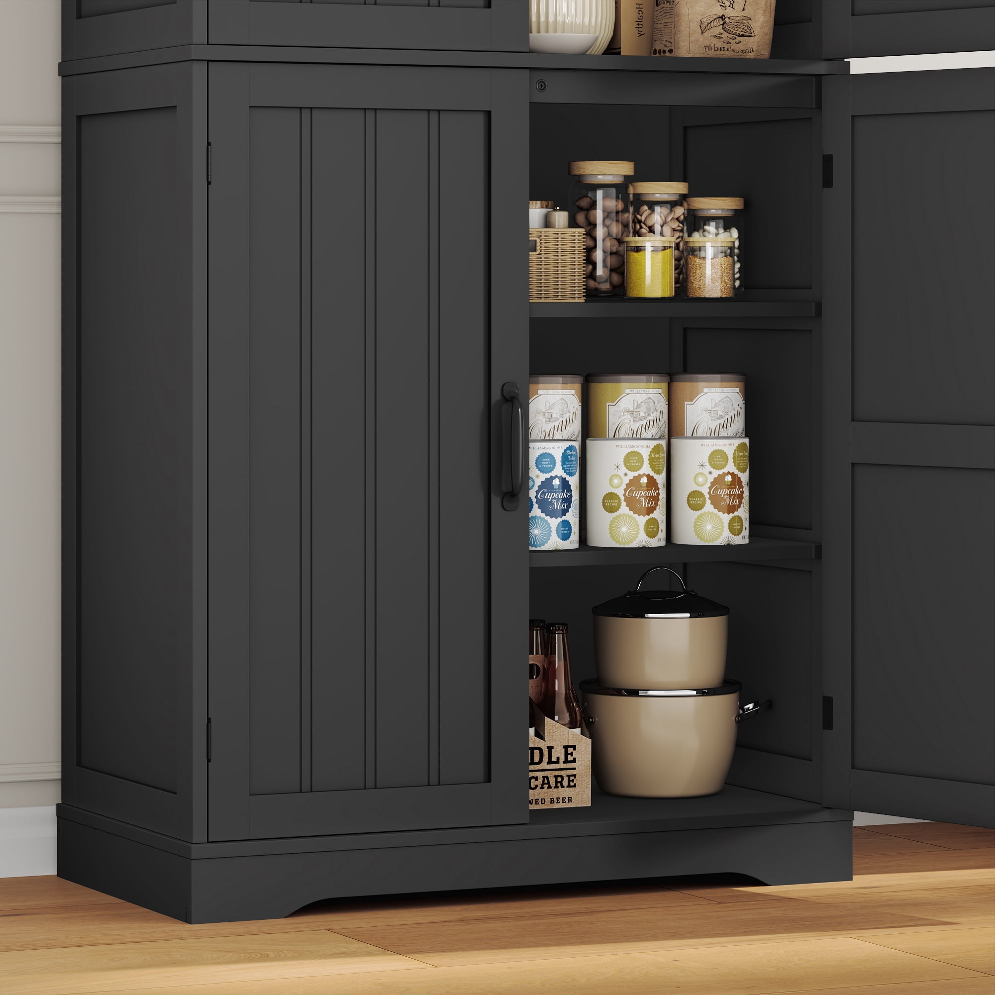 Homfa 71'' Kitchen Pantry Cabinet with 4 Doors, Modern Black Storage Cabinet for Dining Room Living Room