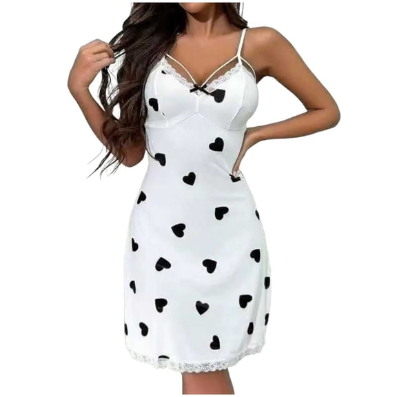Women's Valentine's Midi Dress Lace Trim Satin Heart Print Nightgown Sleep Dress Black L