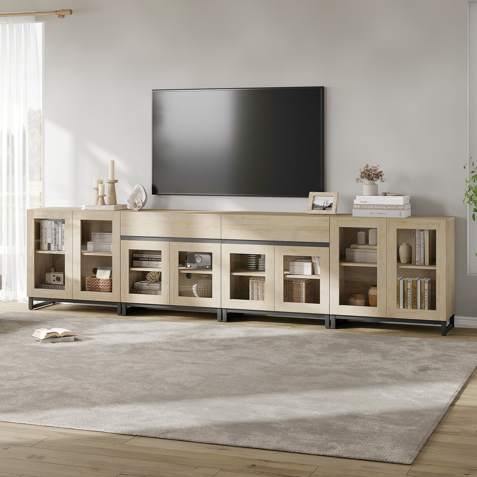 Modern 4-in-1 TV Stand, Entertainment Center with Glass Doors, 2 Drawers & Adjustable Shelf, Media Console for Living Room Bedroom, Fits TVs up to 120 Inch,Beige