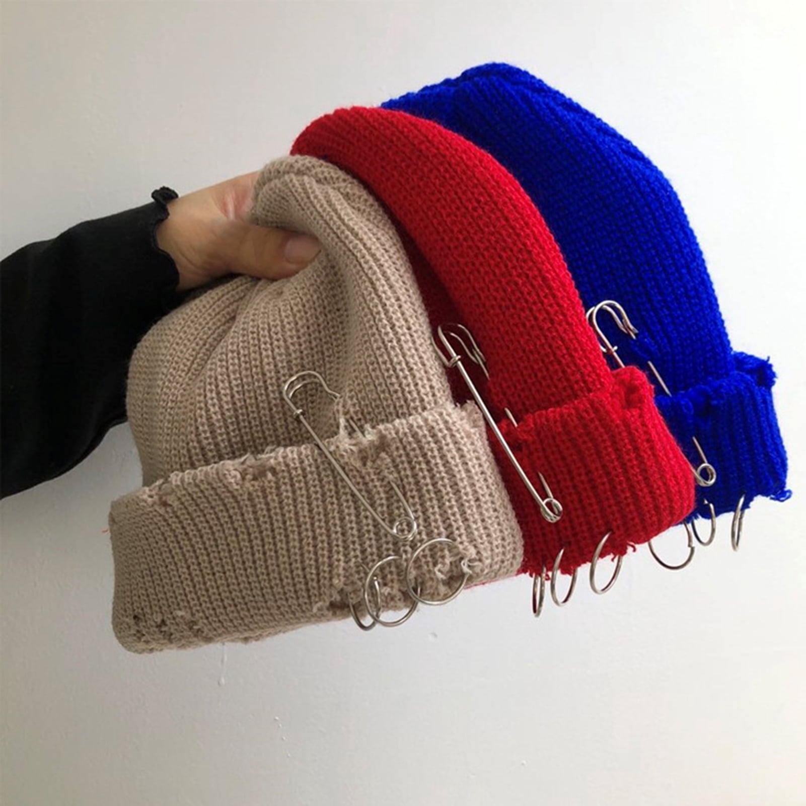 Opolski Women Men Bonnet Stretch Brimless Solid Color Knitted Unisex Keep Warm Metal Ring Decor Hip Hop Ripped Men Winter Hat for Daily Wear Yellow