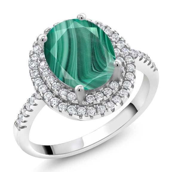 Gem Stone King 925 Sterling Silver Ring Oval Green Malachite and Moissanite (2.93 Cttw) | Size 6
