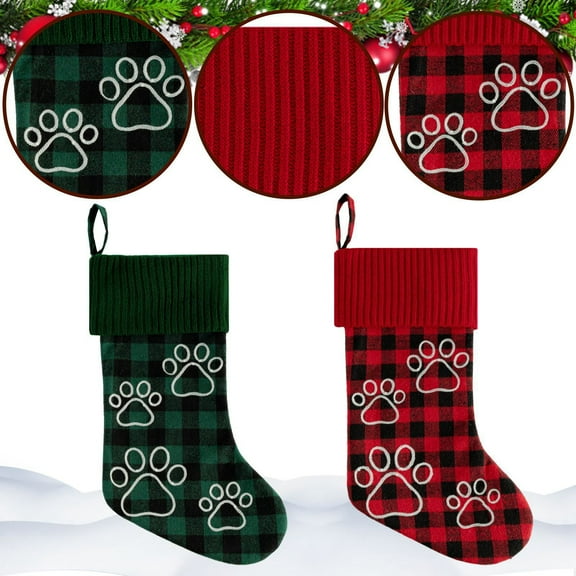 Pet Christmas Stockings for Dogs Cats, Christmas Pet Stocking Socks Dog Cat Paw Plaid Xmas Tree Hanging Ornament Gift