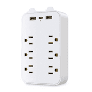 Surge Protector wall Outlet extender, USB Wall Charger with 3 USB Charging Ports(Type-C and 2 USB-A Smart 3.1A Total), 6-Outlet Extender and Top Phone Holder for Cell Phone, White