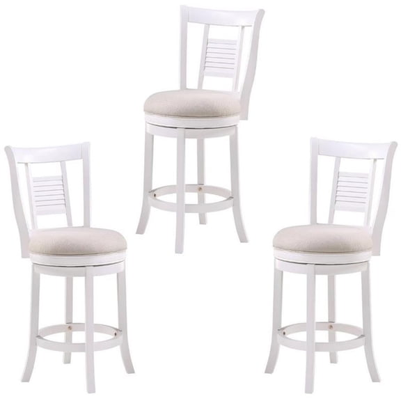 Home Square 3 Piece Upholstered Solid Wood Swivel Counter Stool Set in White