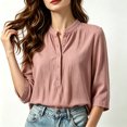thumbnail image 2 of Asgosdo Women Tops 3/4 Sleeve Mandarin Henley Shirt Collar Solid Clothes Crinkle Textured Outfits Half Button Loose Casual Blouses All Season Womens Shirts, 2 of 5