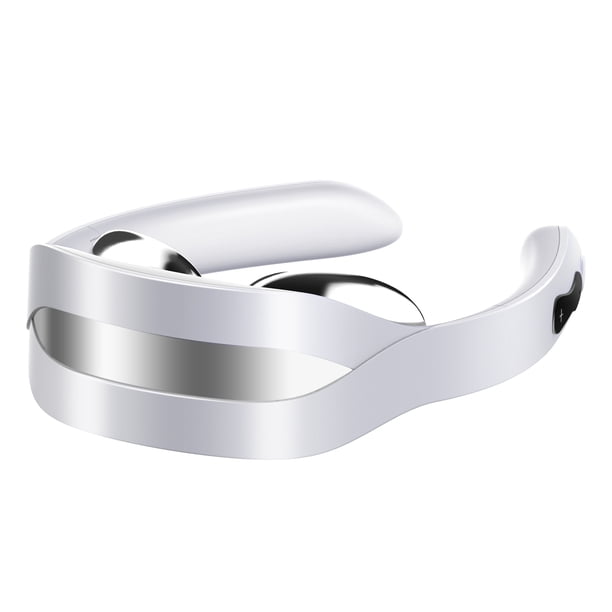 Masajeador cervical plegable portátil con 5 modos y 15 niveles de intensidad, color blanco, ideal para relajación en casa o trabajo. Incluye cable USB, control remoto y almohadillas de silicona.