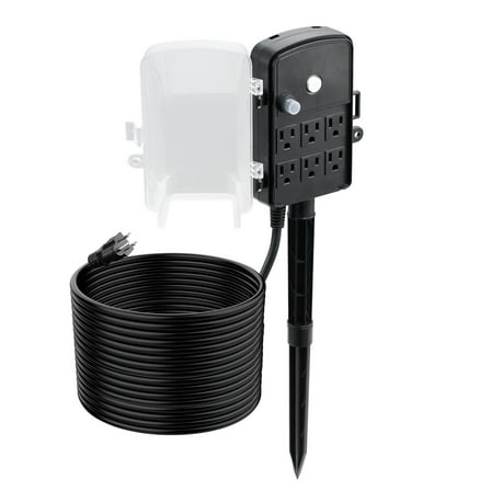KFFKFF Outdoor Power Stake with 50 FT Extension Cord, Weather-Resistant Power Strip with Cover and Overload Protection, 6 Outlets,15A/1875W, Waterproof Multi-Outlet Yard Stake for Holiday Decorations