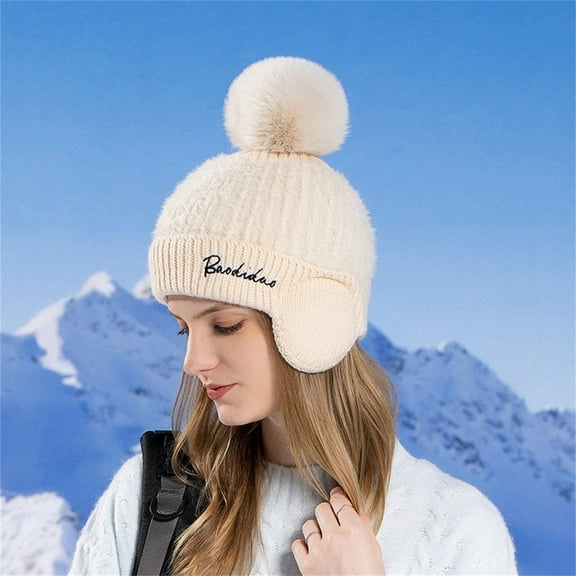 GZWYHT Beanies,Beanie Hats Winter Plus Fleece Ear Hat Women With Hairball Fashion Pullover Woolen Hat Cold Warm Knit Hat Winter Hats,Hats for Women Beige
