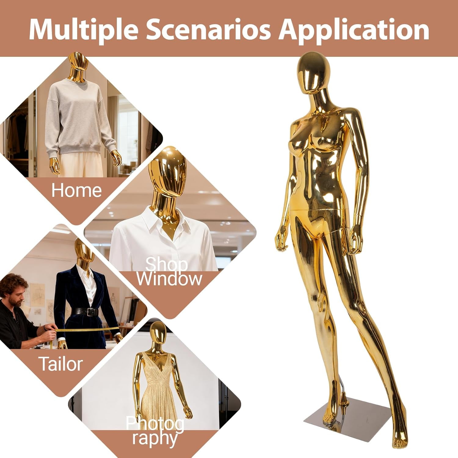 Kinbor Gold Full Body Female Mannequin - Elegant Tall Female Mannequin with Stable Metal Base, Manne quin Dress Form Display with Adjustable Head and Arms, Detachable Manikins
