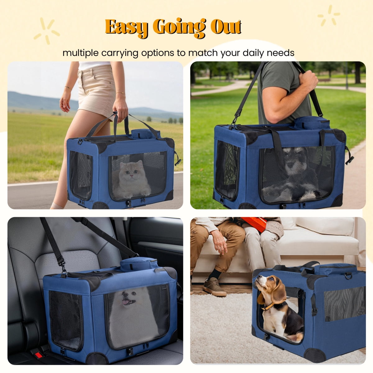 32 Inch Soft Dog Crate, 3-Door Portable Folding Pet Carrier with Mesh Windows, Carry Straps & Fleece Mat for Indoor Outdoor Travel, Dark Blue