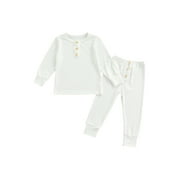 Kmbangi Kids Nightwear Solid Color Round Neck Long Sleeve Tops+ Long Pants