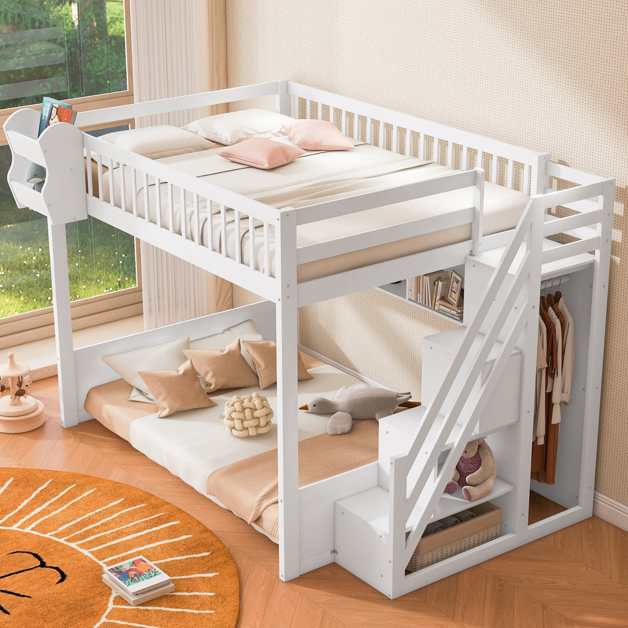 Euroco Wood Queen Size Loft Bed with Staircase and Wardrobe, Storage Bed with Cabinets and Shelves, White