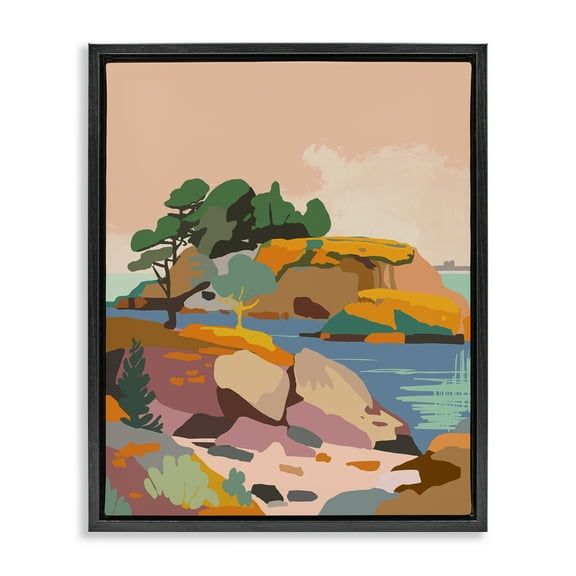 Stupell Industries Abstract Lake & Cliffs Landscape Painting Black Floater Framed Art Print Wall Art, 17 x 21