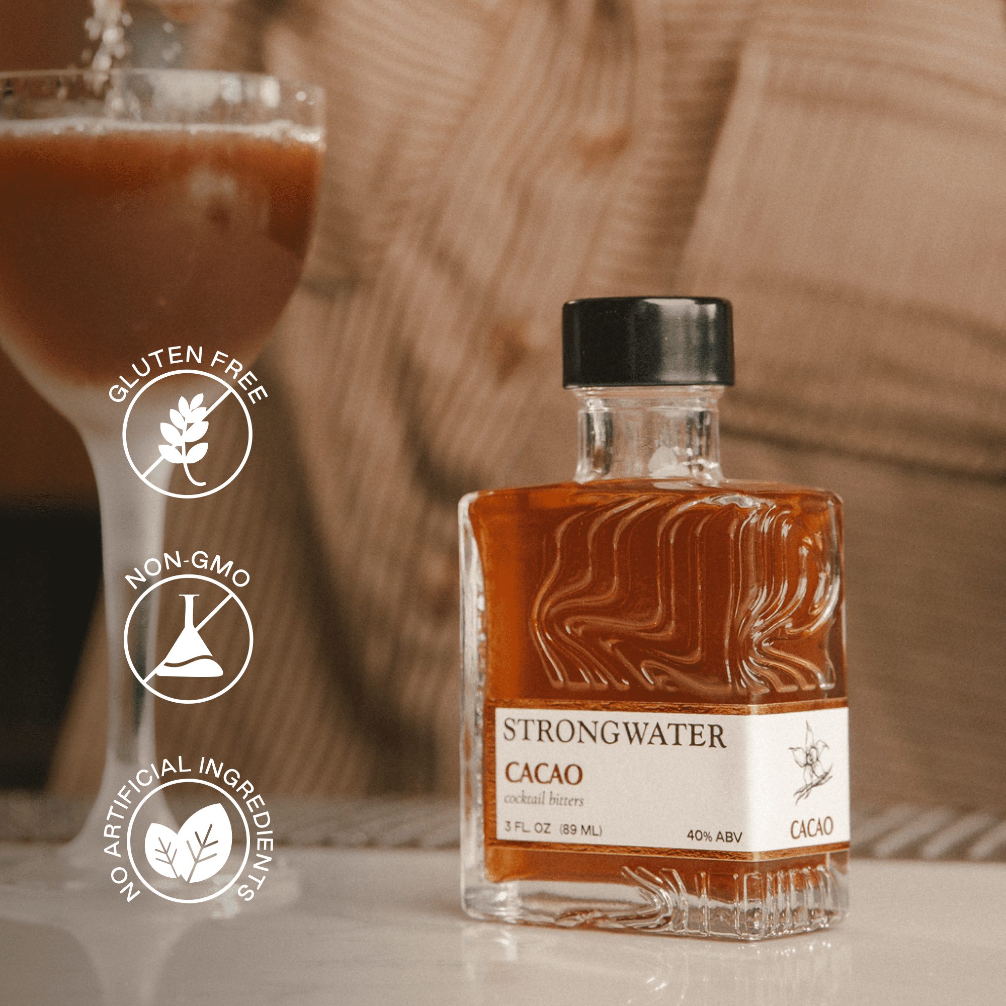 Strongwater Cacao Bitters (40 Servings) - Chocolate Bitters for Cocktails, Made with Roasted Cacao Nibs, Cherry Bark, Vanilla, & Almond - Pair with Bourbon, Vodka, Champagne, Coffee - 3oz, 1 Pack