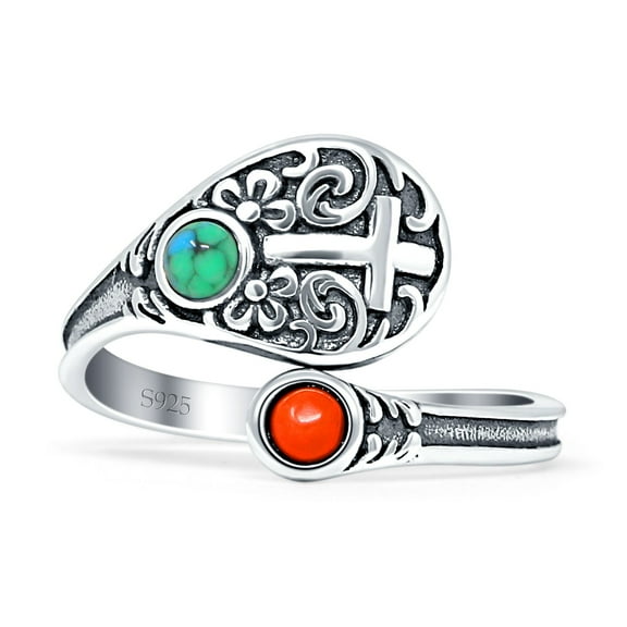 Turquoise & Coral Floral Cross Oxidized Rings 925 Sterling Silver Size 5