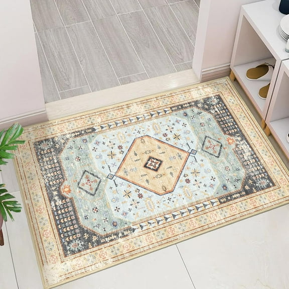 Small Rug Washable Boho Area Rugs for Entryway Bedroom Non Slip Throw Carpet for Bathroom Entrance Bedside Indoor Door Mat Soft Floral Home Decor 2''x3'',Beige and Blue