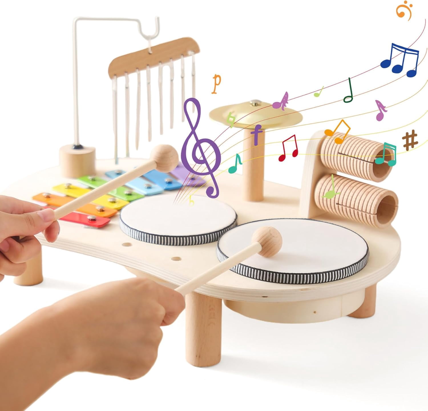 Kids Drum Set 5 in 1 Wooden Toddler Drum Set Educational Kids Musical Instruments Baby Safe Enlightening Percussion Instruments for Birthday (1Set)
