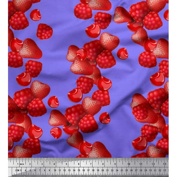 Soimoi Georgette Viscose Fabric Raspberry,Strawberry & Cherry Fruits Print Fabric by The Yard 42 Inch Wide