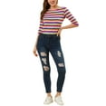 thumbnail image 2 of Allegra K Women's Casual Round Neck Elbow Sleeves Slim Fit Stripes T-Shirt, 2 of 6