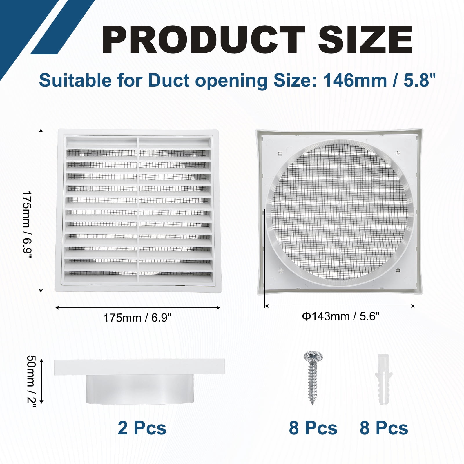 Uxcell 2Set Vent Cover with Screen Mesh (6" Opening, 5.5"L x 5.5"W) - Square Louver Air Wall Vent ABS Plastic Exhaust Ventilation Grille for Central AC/Bathroom/Kitchen/Garage, White